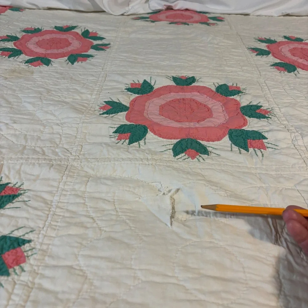 Vintage Handmade Rose of Sharon Ohio Rose Applique Quilt Pink Green 66x80 Twin